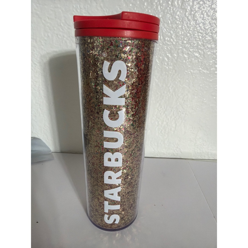 Starbucks 16oz Gold Glitter Tumbler Red Lid Double Wall Plastic Travel Mug Cup
